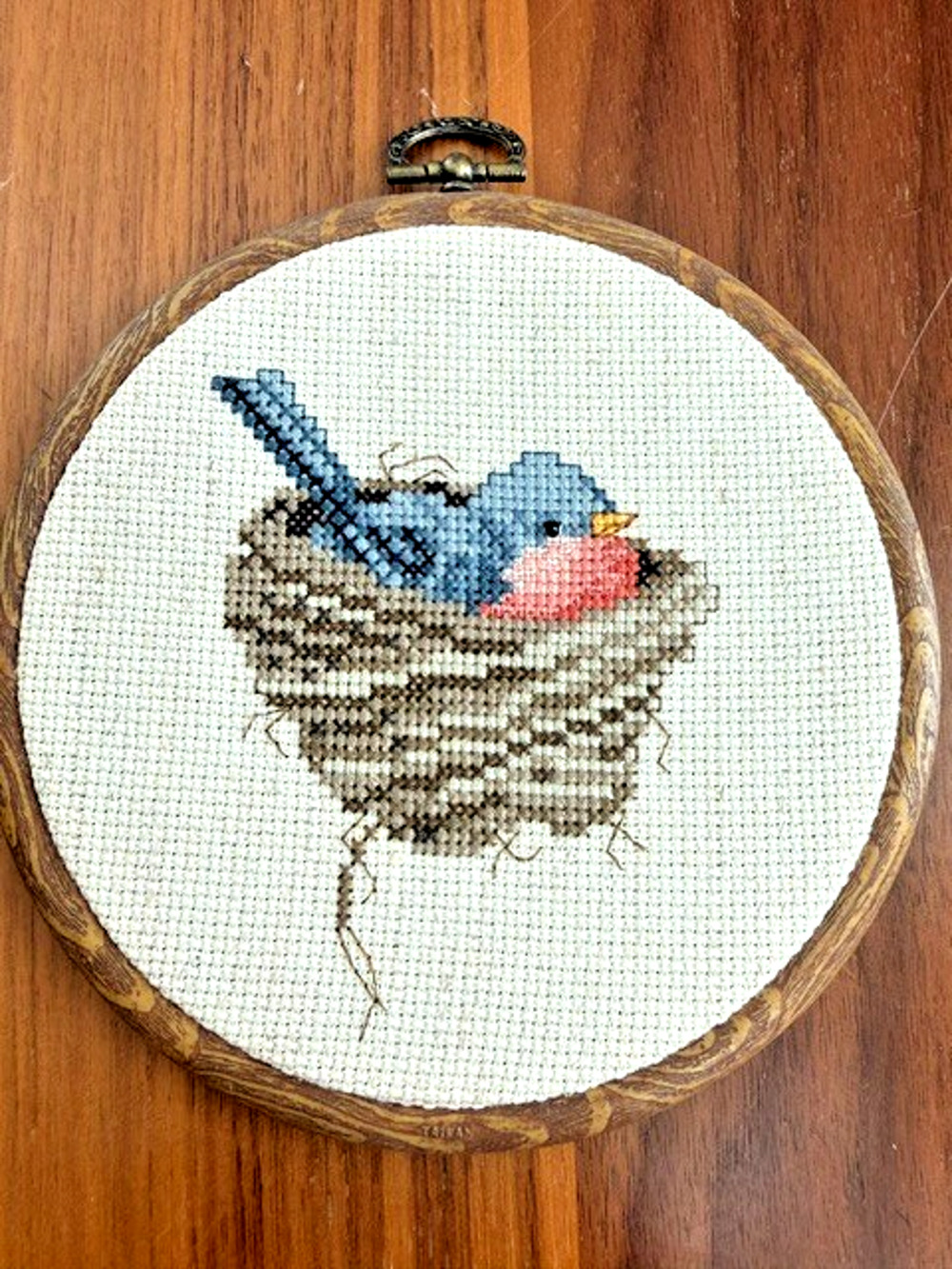 Vintage Framed Blue Bird Nest Needlepoint Embroidery Hoop cottage Hand Stitch